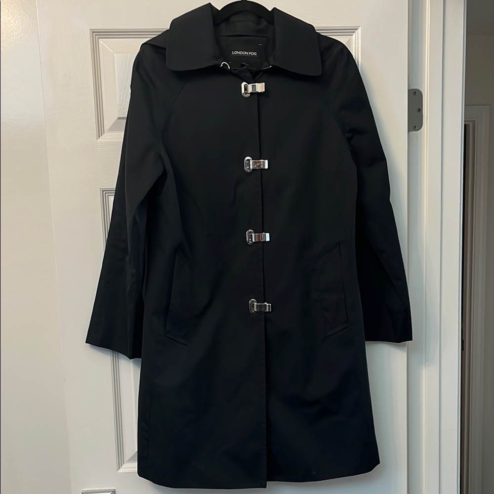London Fog Black Hooded 3/4 Trench Coat with Silver Clasps